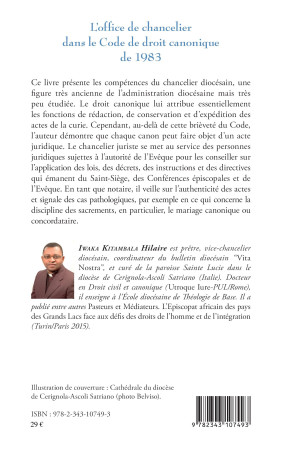 L'office de chancelier dans le Code de droit canonique de 1983 - Hilaire Iwaka Kitambala - L'HARMATTAN